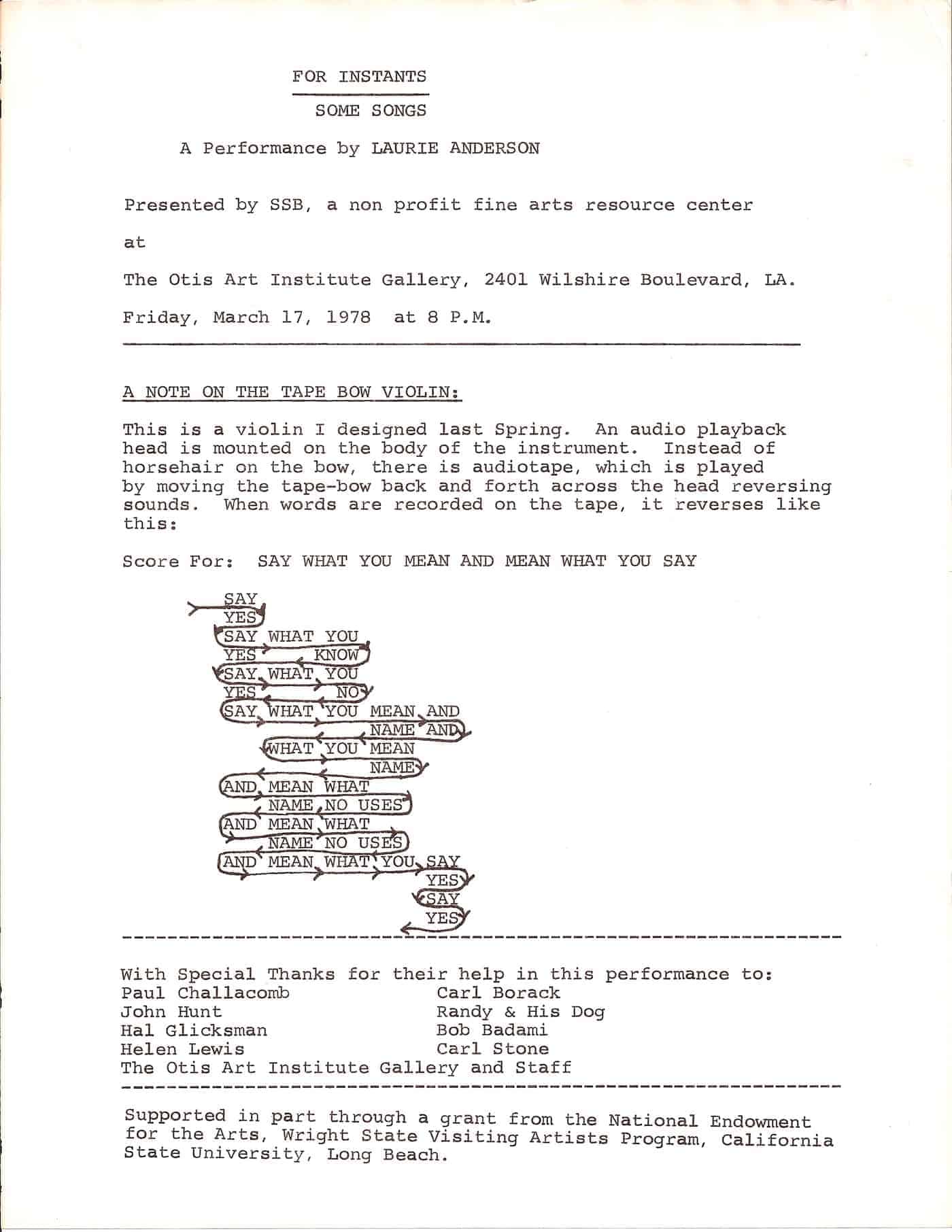 script for “For Instance” by Laurie Anderson, 1978