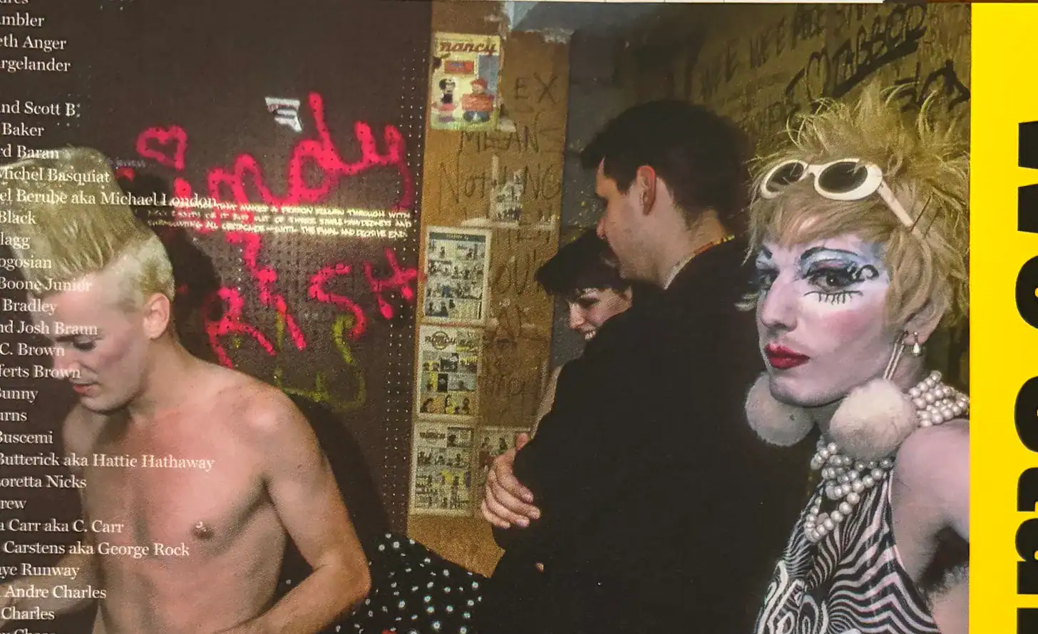 Author cropped image from photo by Jim Syme on the cover of ‘We Started a Nightclub.’ Caption: “(L-R) John Sex, Tabboo!, and friends in the Pyramid basement.”